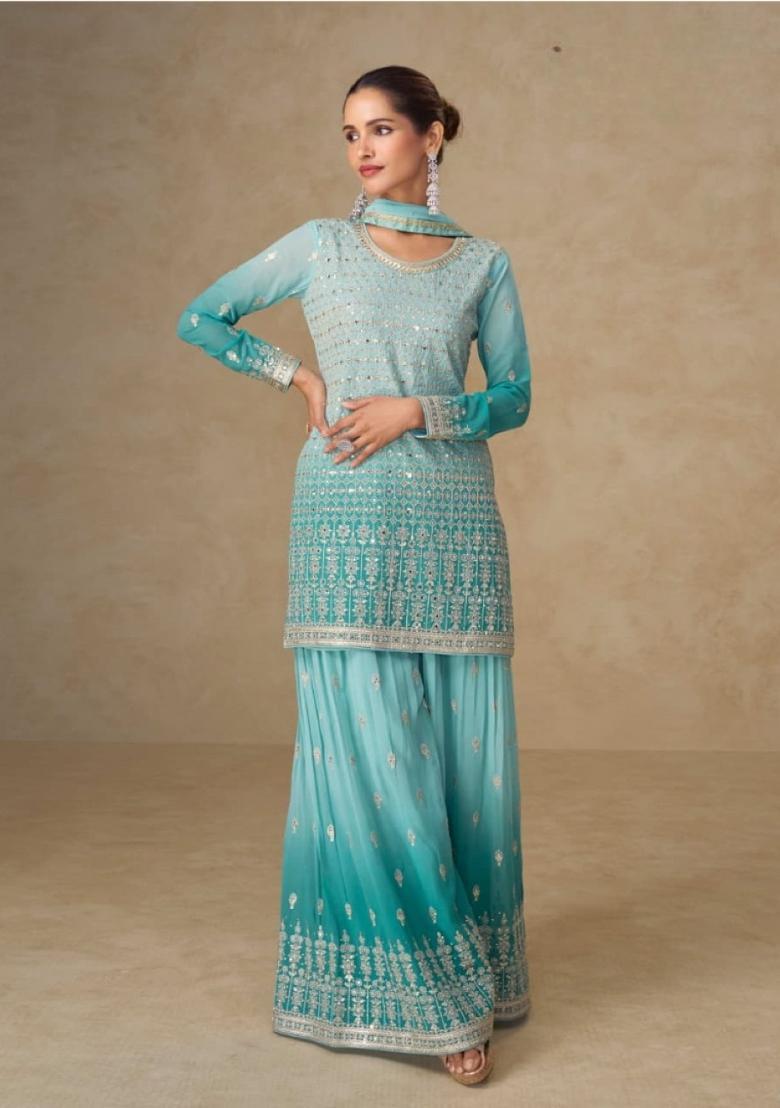 Blue Mirror Work Georgette Kurta Set - Indya