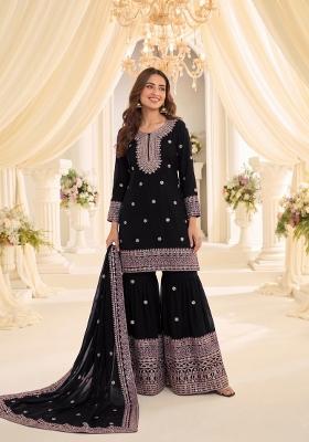 Black Embroidered Silk Blend Kurta Set