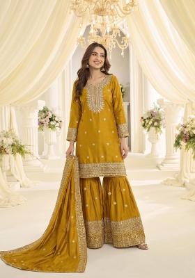 Mustard Embroidered Silk Blend Kurta Set