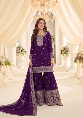 Violet Embroidered Silk Blend Kurta Set