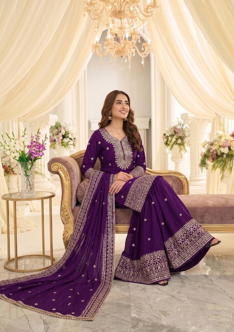 Violet Embroidered Silk Blend Kurta Set - Indya