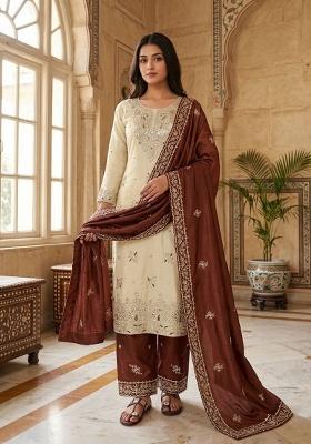 Brown Embroidered Silk Blend Kurta Set