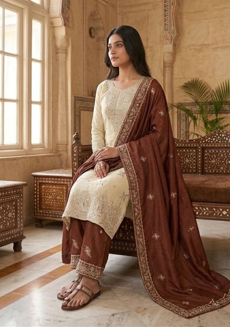 Brown Embroidered Silk Blend Kurta Set - Indya