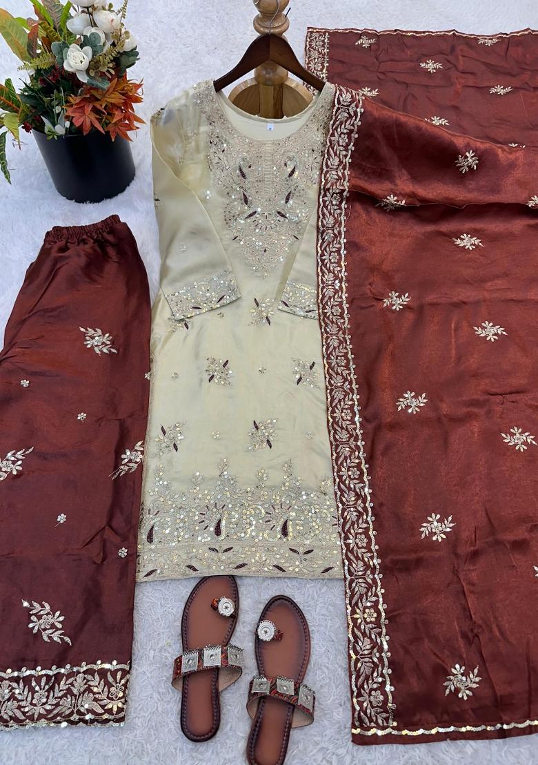 Brown Embroidered Silk Blend Kurta Set - Indya