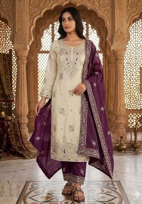 Purple Embroidered Silk Blend Kurta Set