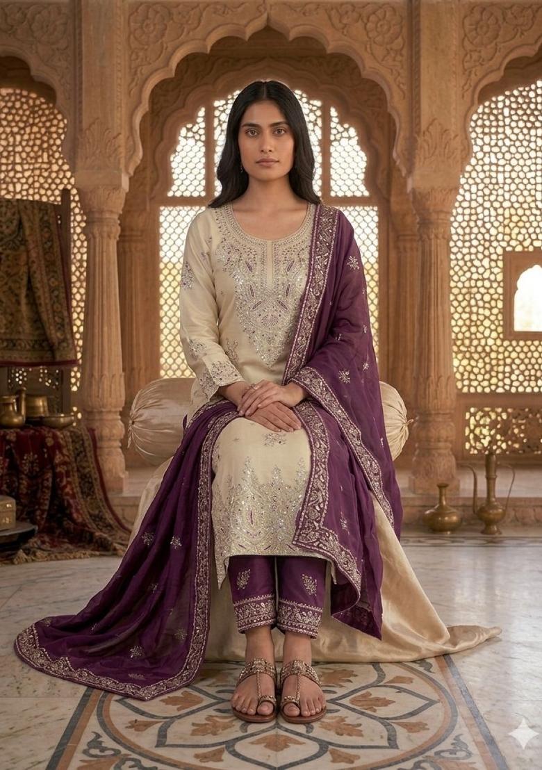 Purple Embroidered Silk Blend Kurta Set - Indya