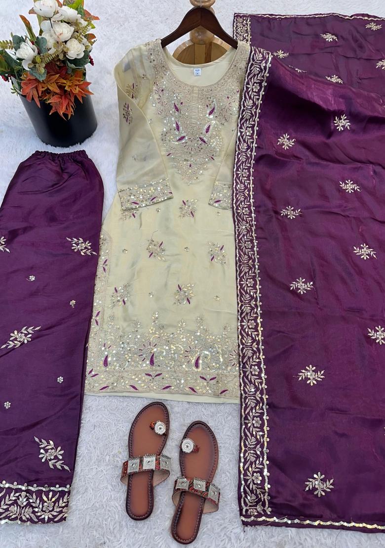 Purple Embroidered Silk Blend Kurta Set - Indya