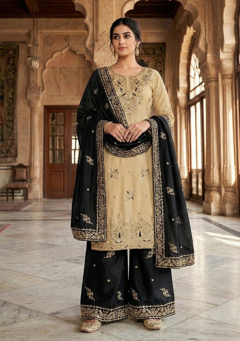 Black Embroidered Silk Blend Kurta Set - Indya