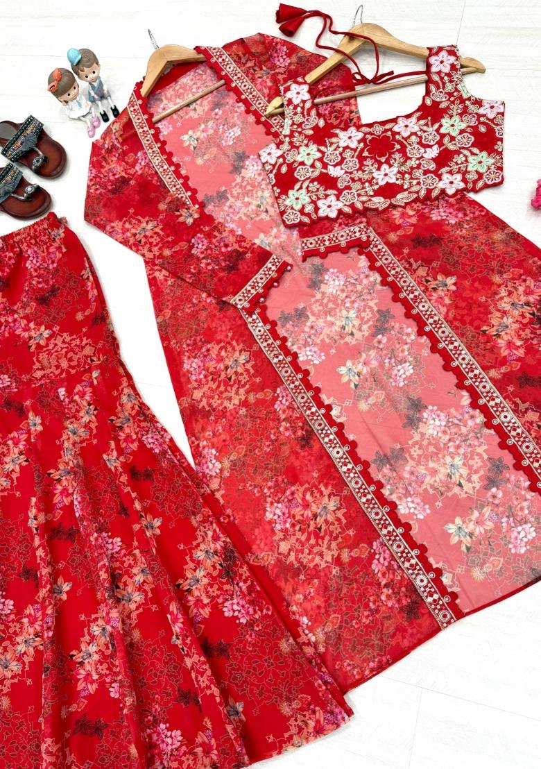 Red Embroidered Silk Blend Kurta Set - Indya