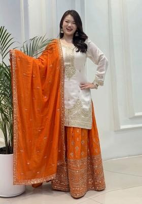 Orange Embroidered Silk Blend Kurta Set