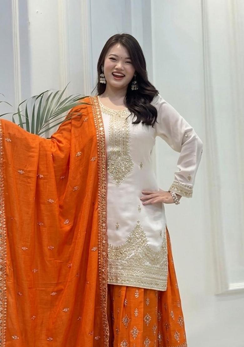 Orange Embroidered Silk Blend Kurta Set - Indya