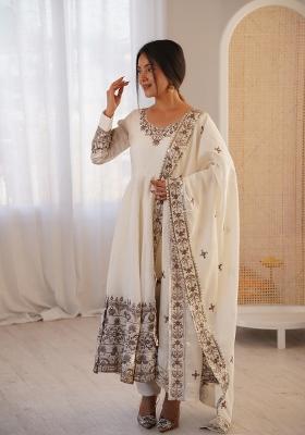 White Embroidered Silk Blend Anarkali Set