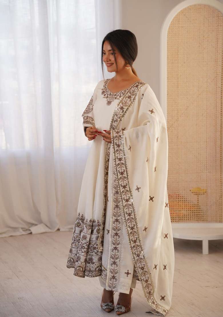 White Embroidered Silk Blend Anarkali Set - Indya