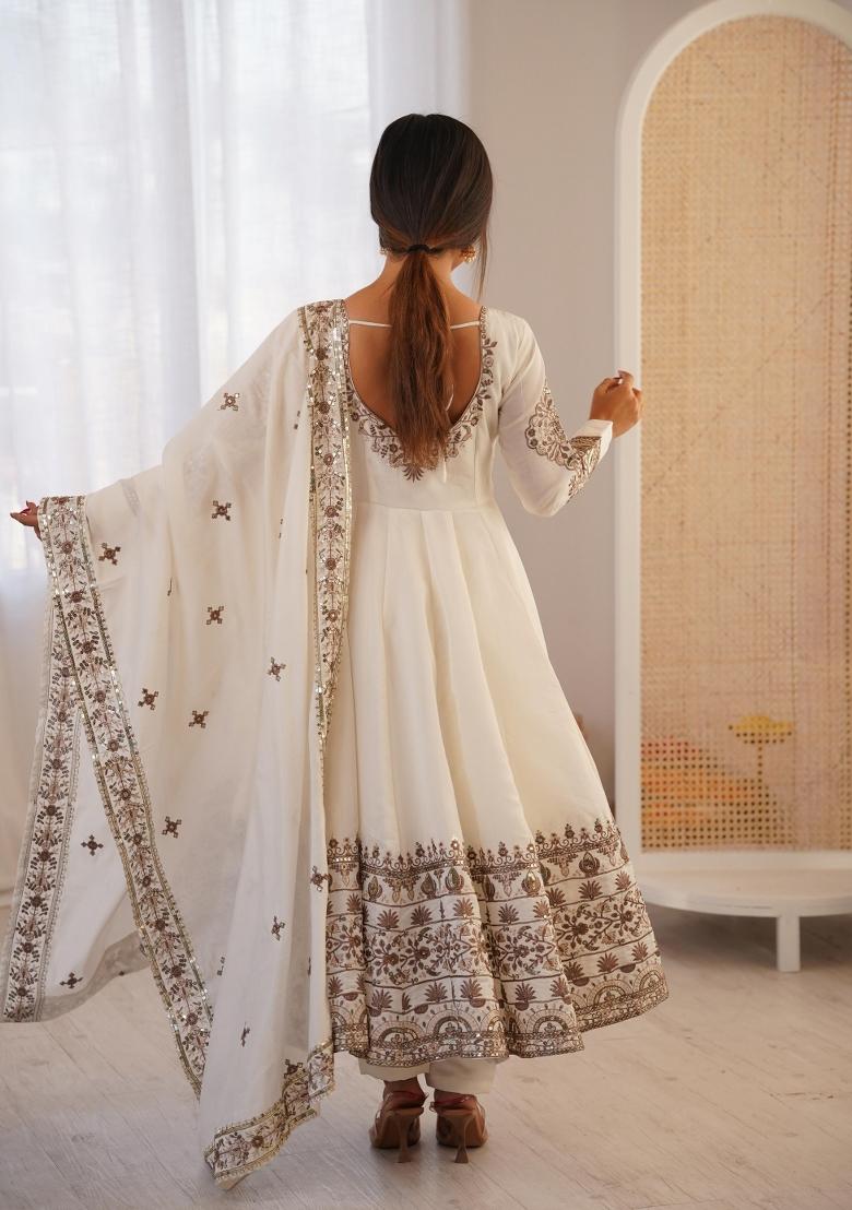 White Embroidered Silk Blend Anarkali Set - Indya