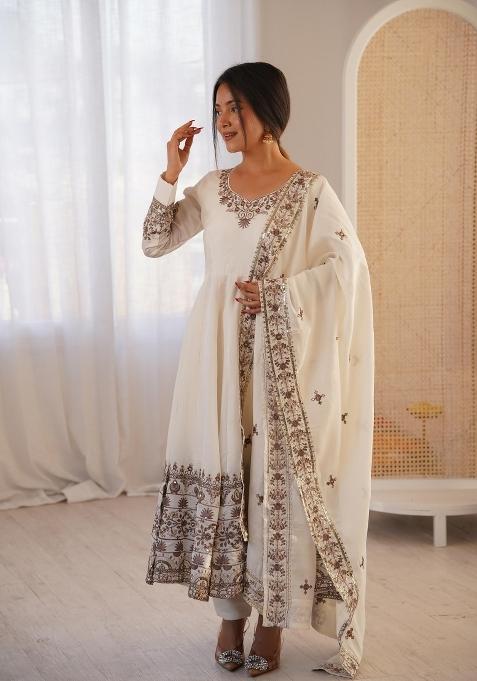 White Embroidered Silk Anarkali Set
