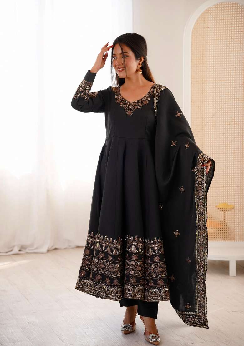 Black Embroidered Silk Blend Anarkali Set - Indya