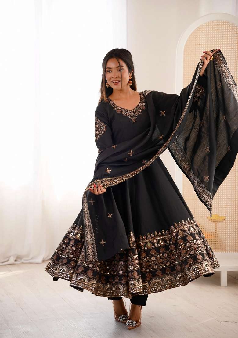 Black Embroidered Silk Blend Anarkali Set - Indya