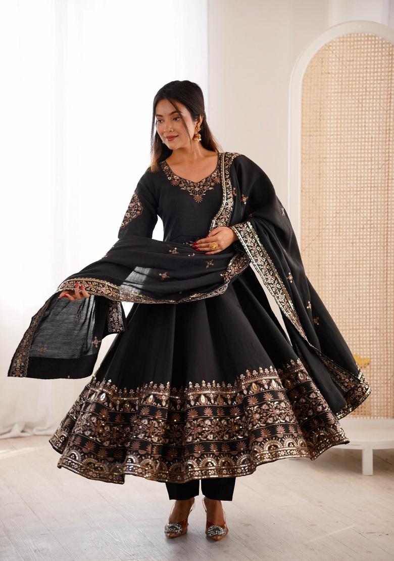Black Embroidered Silk Blend Anarkali Set - Indya