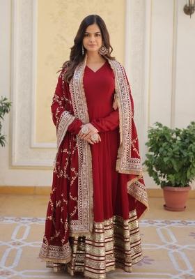 Maroon Embroidered Georgette Kurta With Dupatta