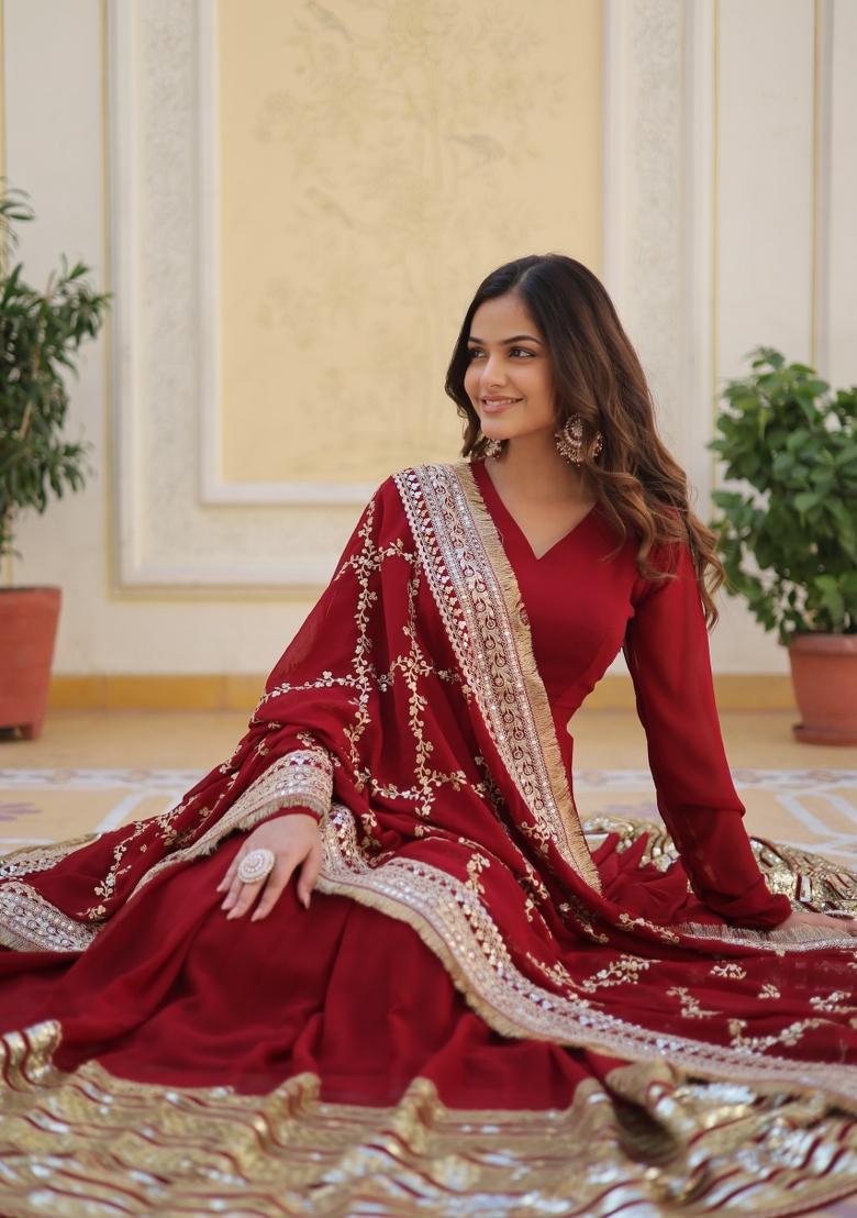 Maroon Embroidered Georgette Kurta With Dupatta - Indya