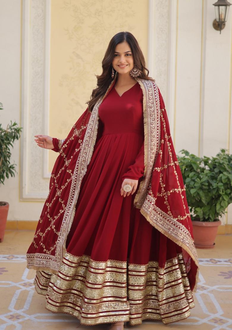 Maroon Embroidered Georgette Kurta With Dupatta - Indya