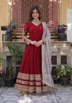 Maroon Embroidered Georgette Kurta With Dupatta