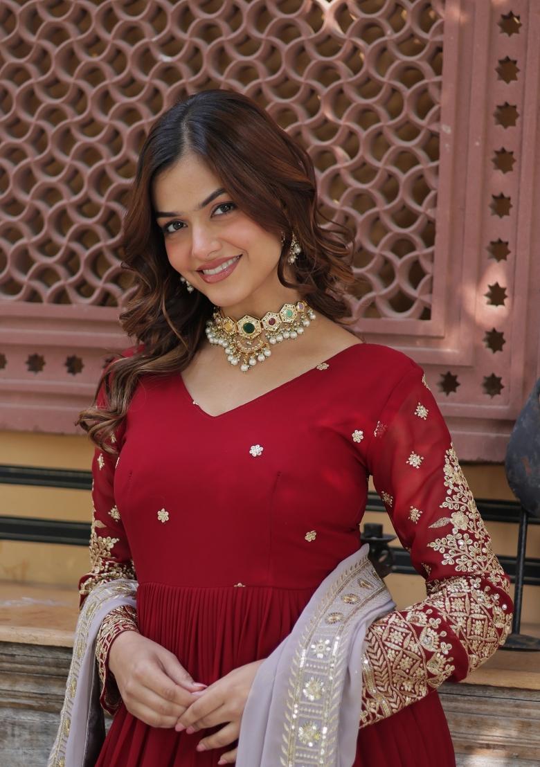 Maroon Embroidered Georgette Kurta With Dupatta - Indya