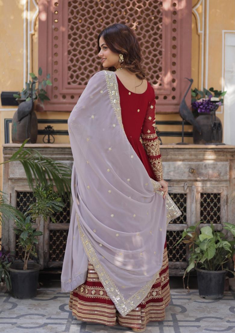 Maroon Embroidered Georgette Kurta With Dupatta - Indya