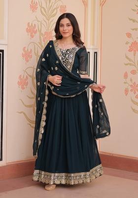 Navy Blue Embroidered Georgette Kurta With Dupatta