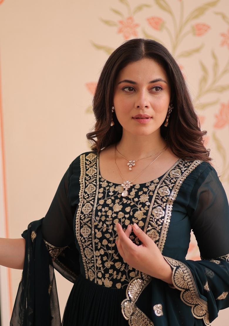 Navy Blue Embroidered Georgette Kurta With Dupatta - Indya