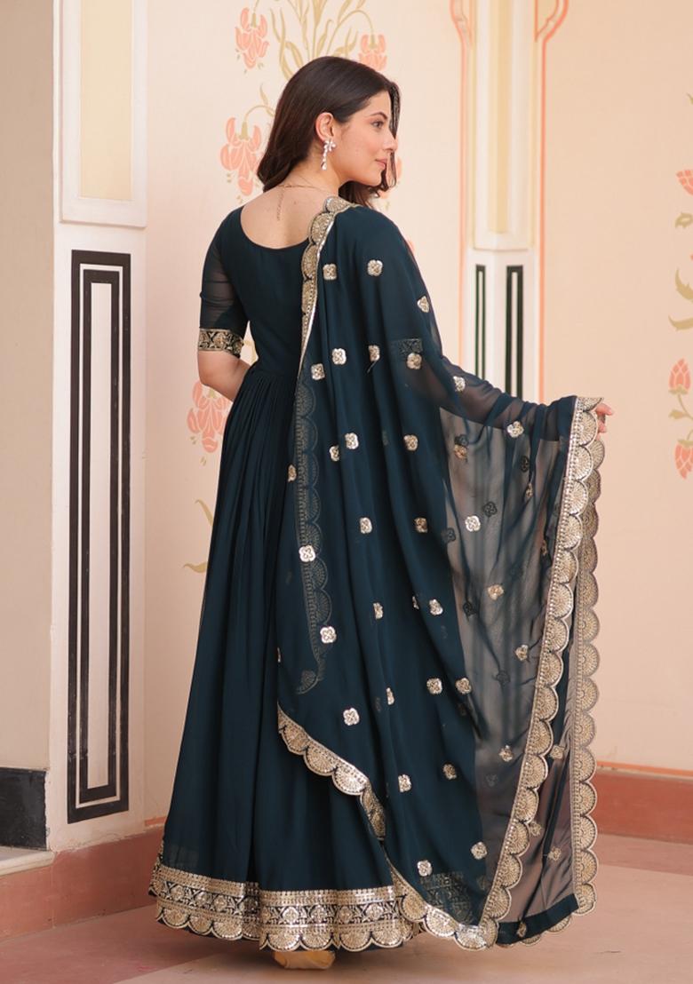Navy Blue Embroidered Georgette Kurta With Dupatta - Indya