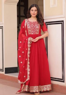 Red Embroidered Georgette Kurta With Dupatta