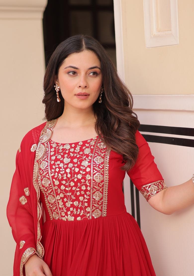 Red Embroidered Georgette Kurta With Dupatta - Indya