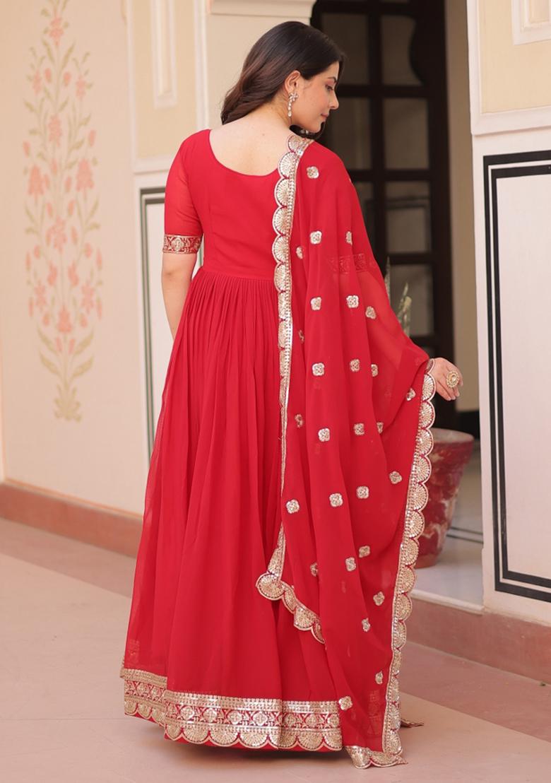 Red Embroidered Georgette Kurta With Dupatta - Indya