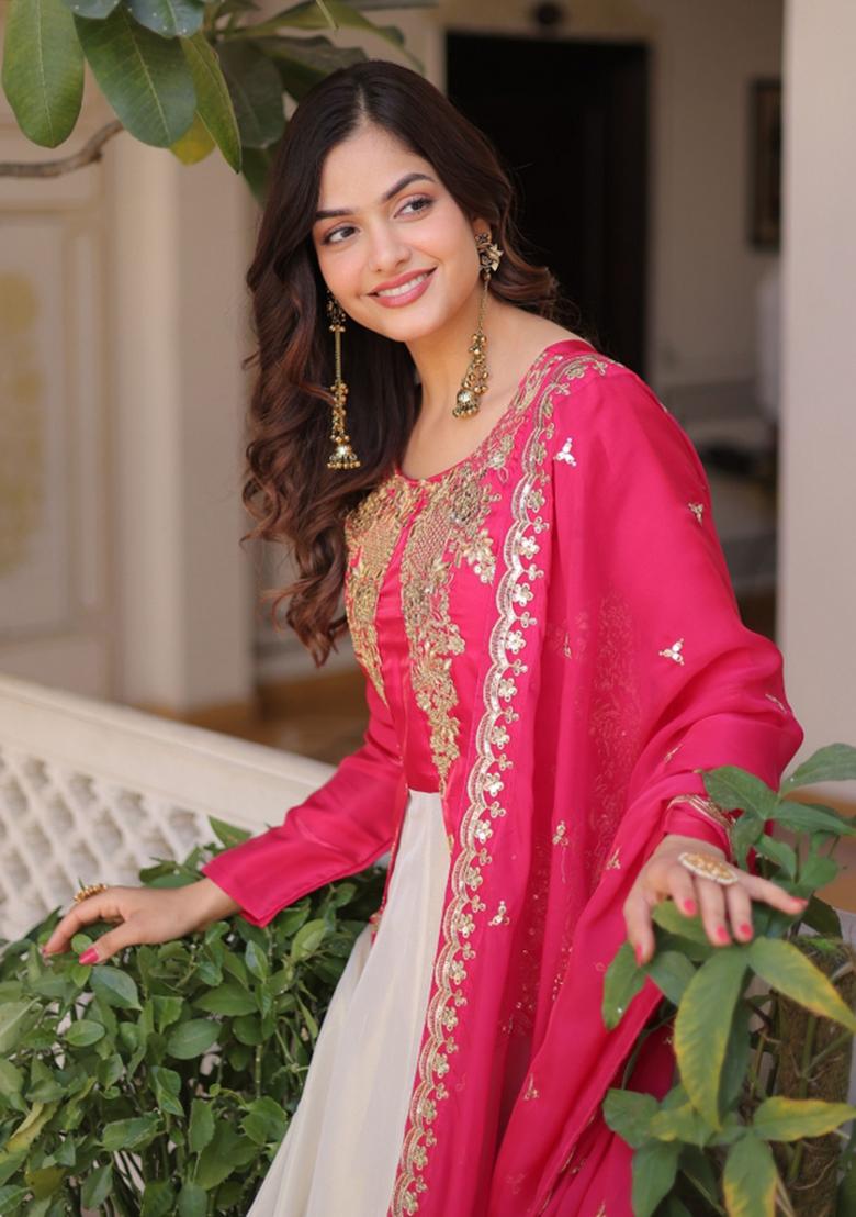 Pink Embroidered Silk Blend Kurta With Dupatta - Indya