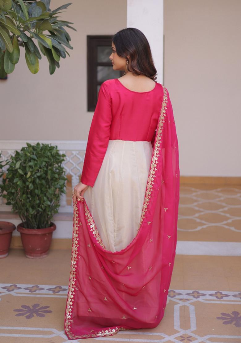 Pink Embroidered Silk Blend Kurta With Dupatta - Indya