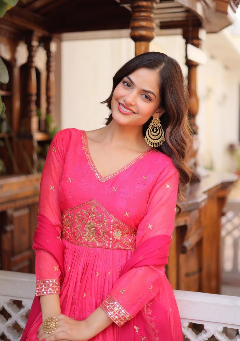 Pink Embroidered Silk Blend Kurta With Dupatta - Indya