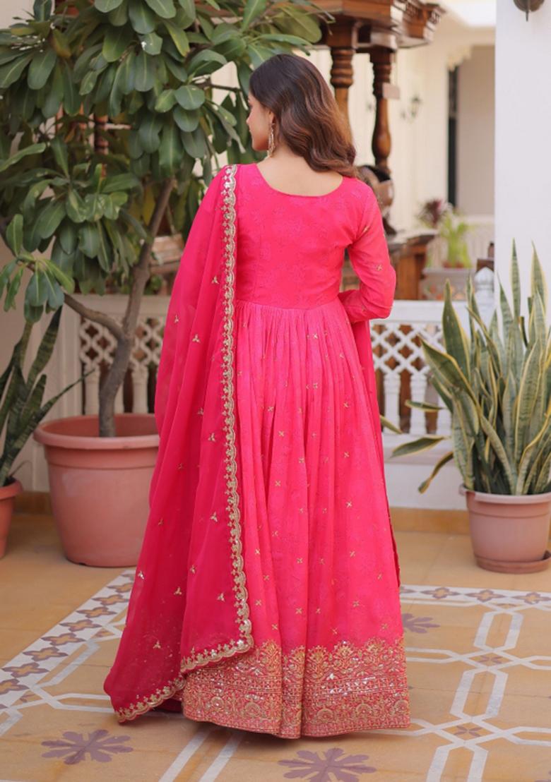 Pink Embroidered Silk Blend Kurta With Dupatta - Indya