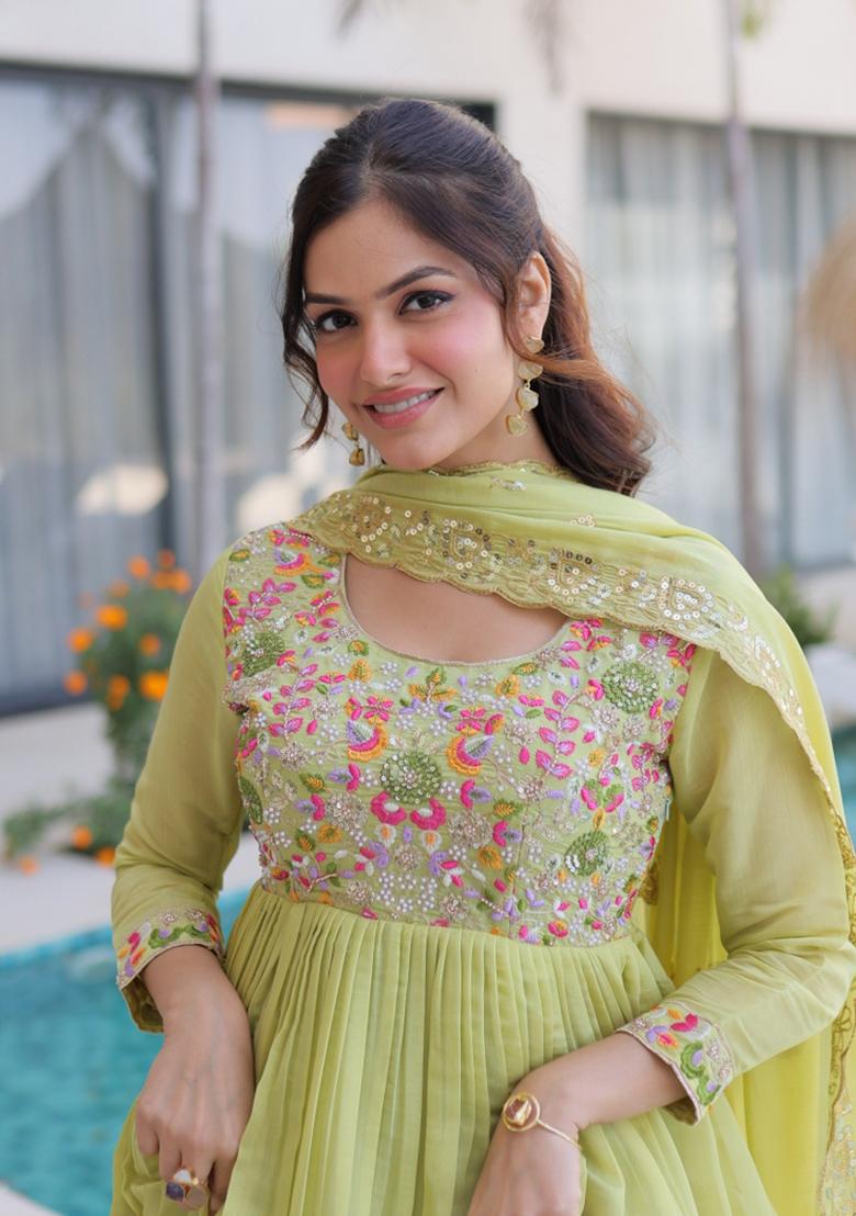 Green Embroidered Silk Blend Anarkali Set - Indya