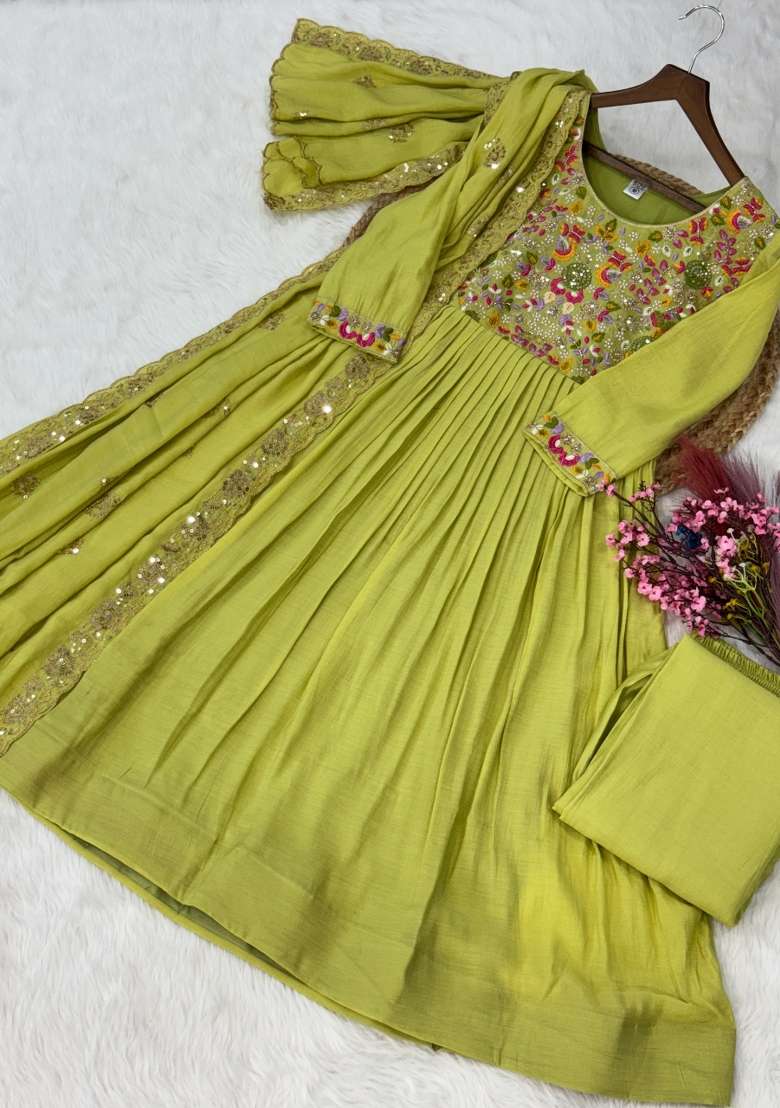 Green Embroidered Silk Blend Anarkali Set - Indya