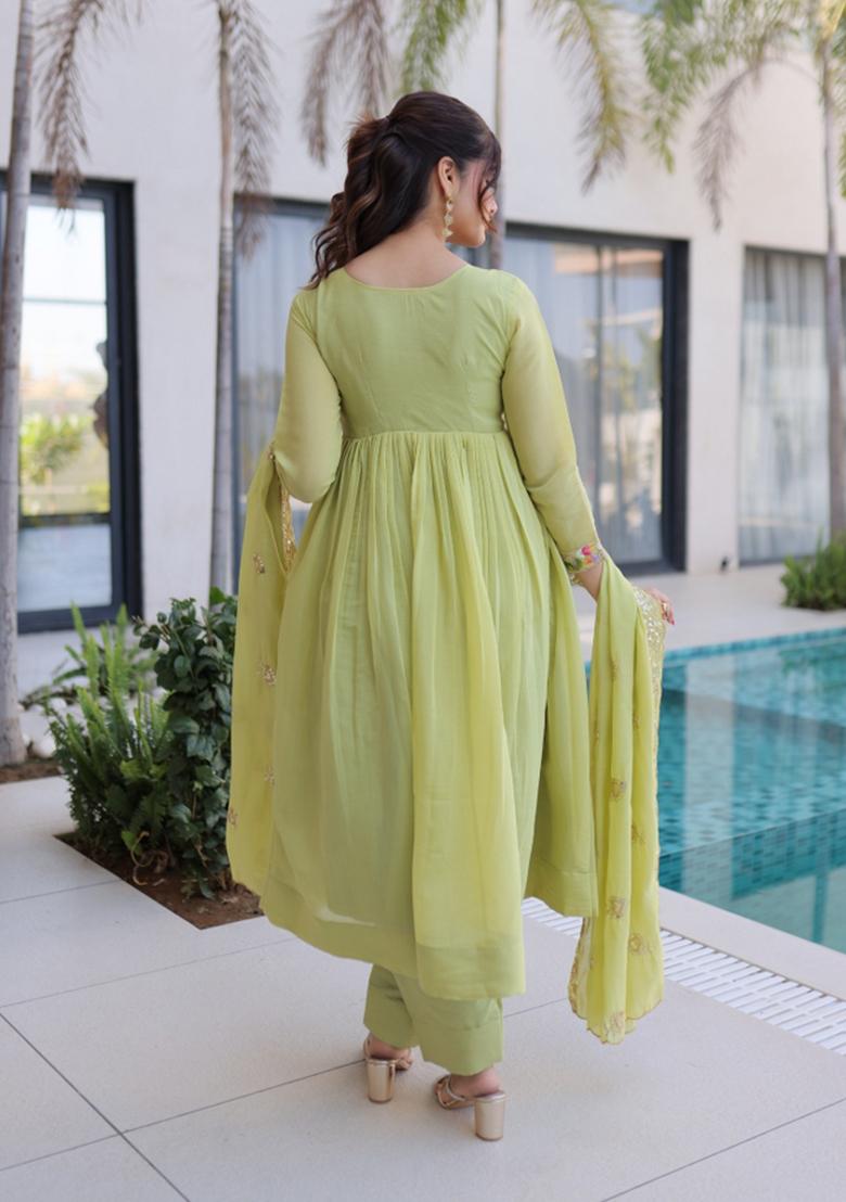 Green Embroidered Silk Blend Anarkali Set - Indya