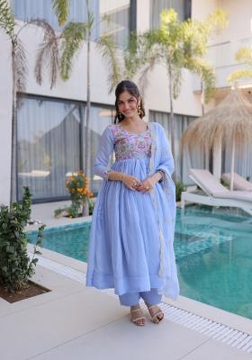 Blue Embroidered Silk Blend Anarkali Set