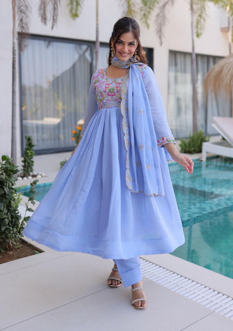 Blue Embroidered Silk Blend Anarkali Set - Indya