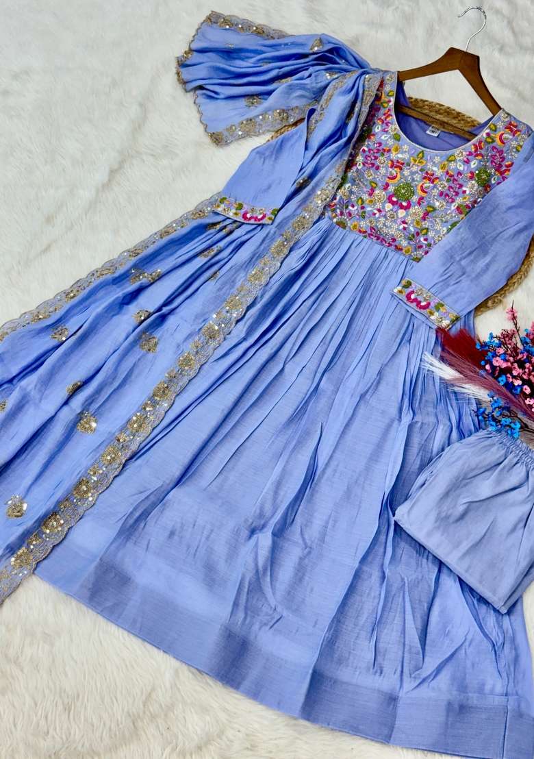 Blue Embroidered Silk Blend Anarkali Set - Indya