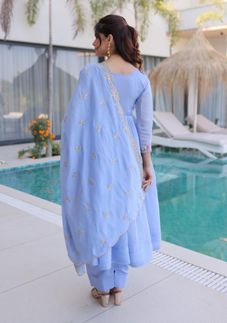 Blue Embroidered Silk Blend Anarkali Set - Indya