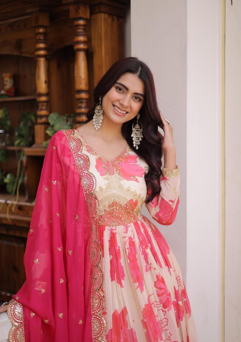 Pink Embroidered Silk Blend Kurta With Dupatta - Indya