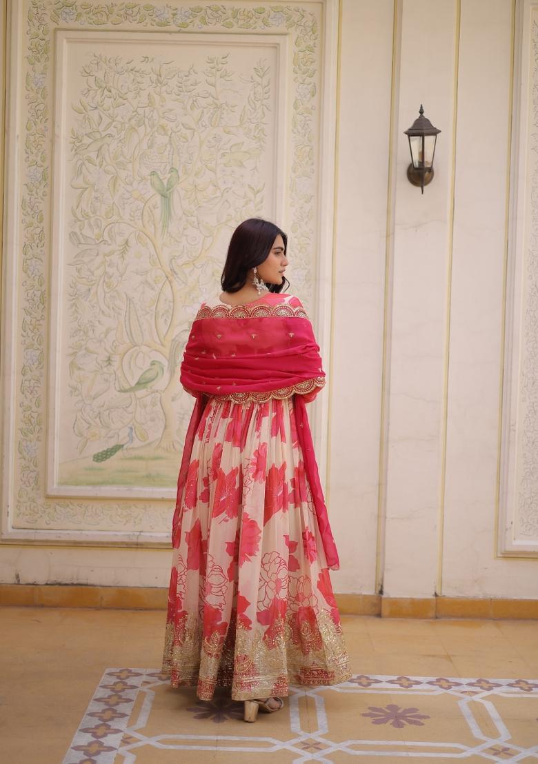 Pink Embroidered Silk Blend Kurta With Dupatta - Indya