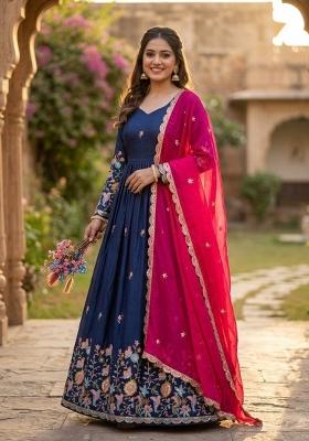 Navy Blue Zari Work Silk Blend Kurta With Dupatta