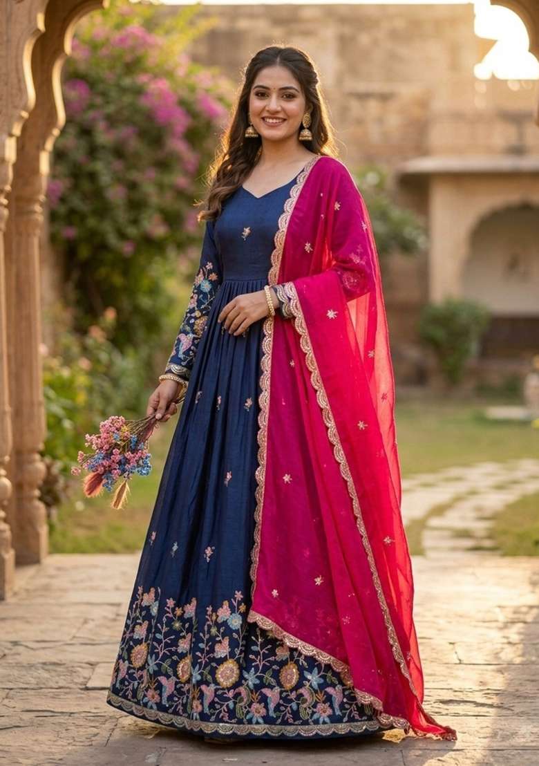 Navy Blue Zari Work Silk Blend Kurta With Dupatta - Indya