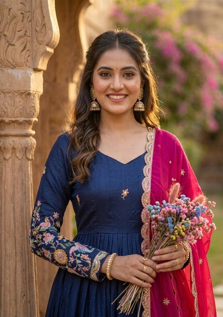 Navy Blue Zari Work Silk Blend Kurta With Dupatta - Indya